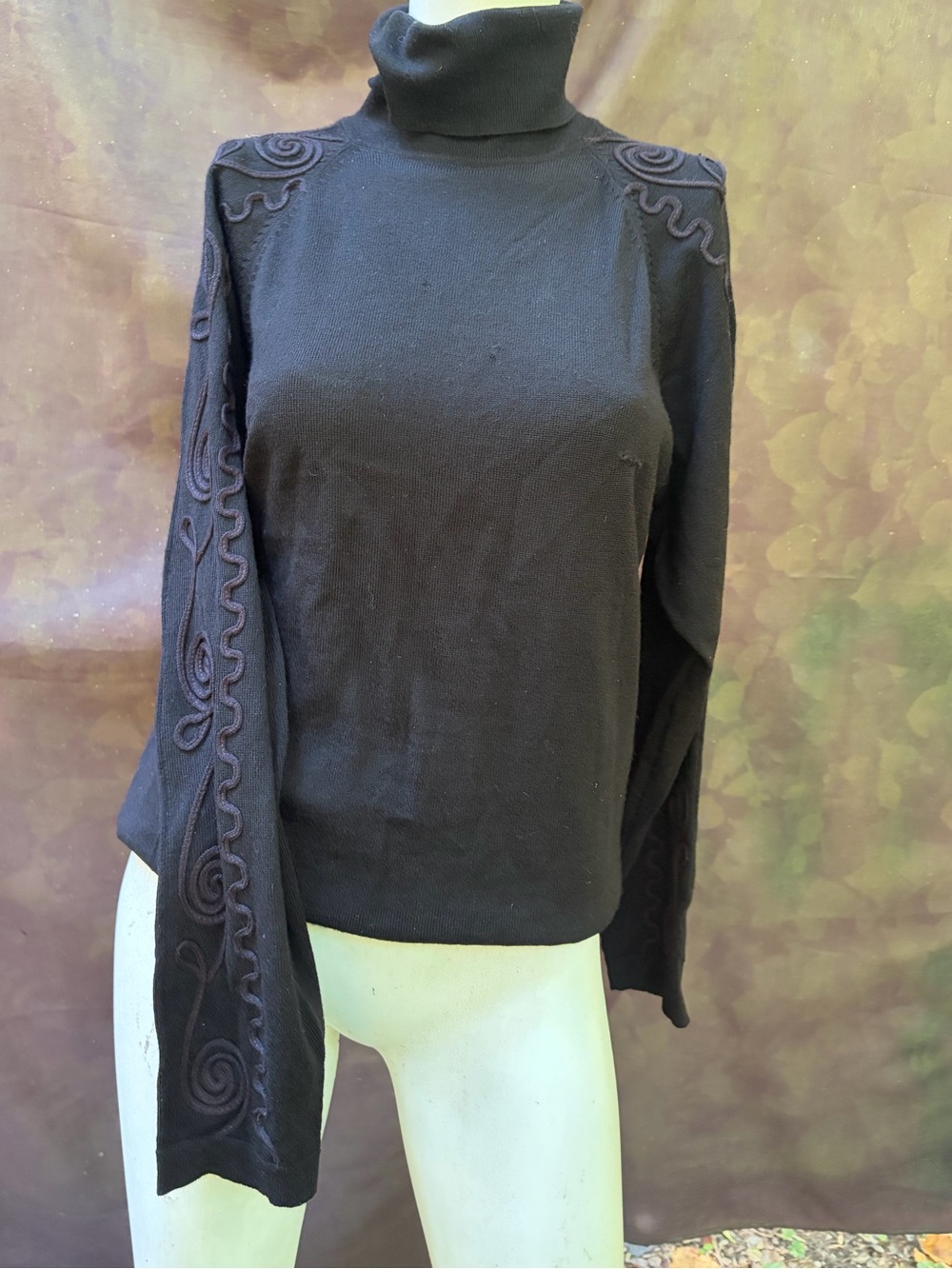 Black Wool Nancy Heller Turtleneck Sweater with Embroidered Sleeves